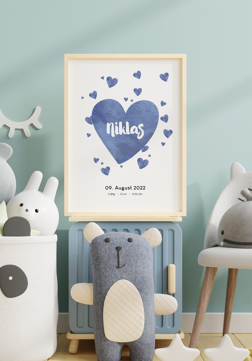 Personalisiertes Baby-Geburtsposter mit Herzen und Namen für Kinder
