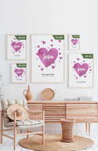 Personalisiertes Baby-Geburtsposter mit Herzen und Namen Postergrößen