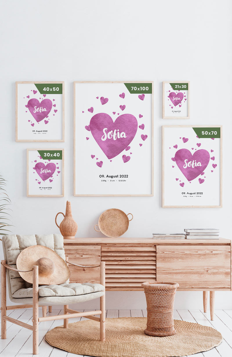 Personalisiertes Baby-Geburtsposter mit Herzen und Namen Postergrößen
