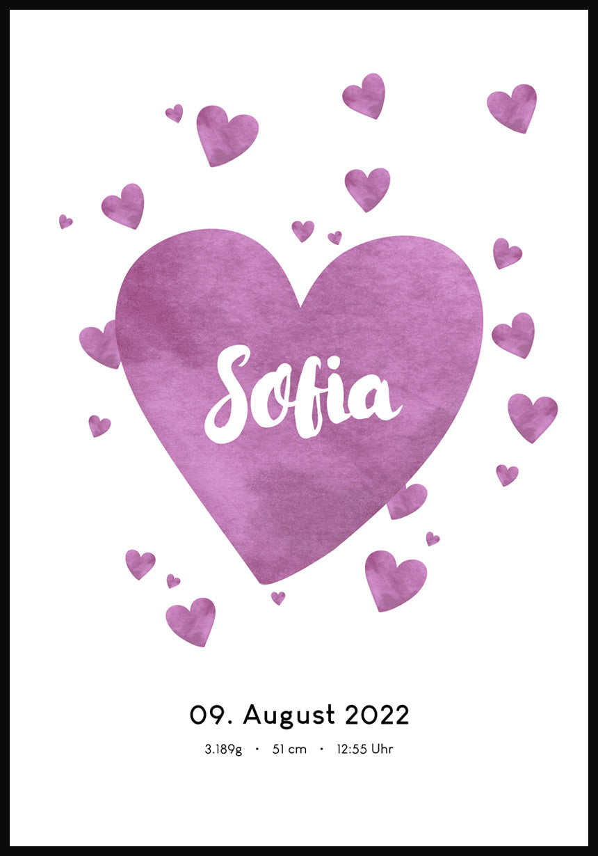 Personalisiertes Baby-Geburtsposter mit Herzen und Namen