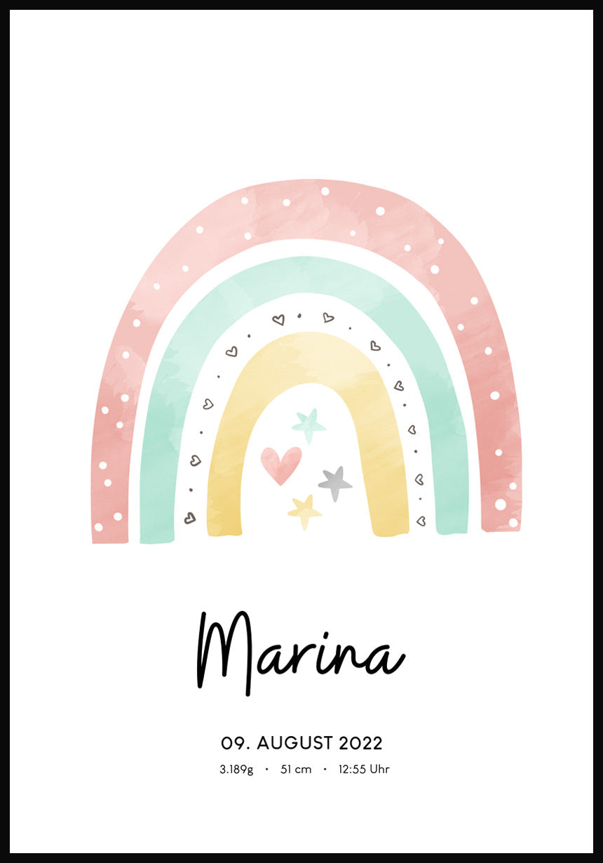 Personalisiertes Baby-Geburtsposter mit Regenbogen und Namen