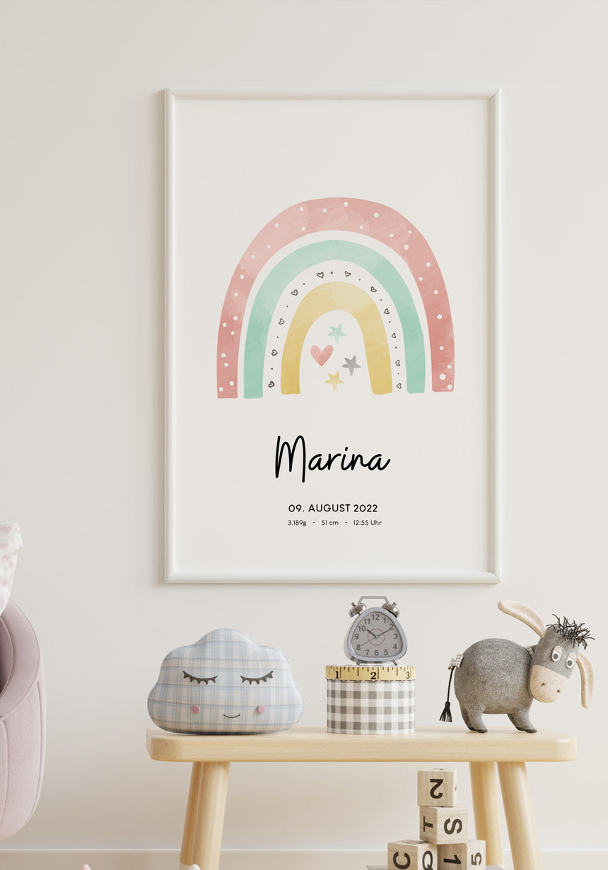 Personalisiertes Baby-Geburtsposter mit Regenbogen und Namen Kinderzimmer