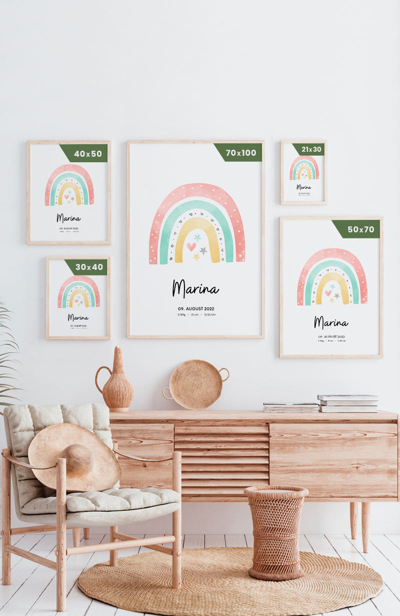 Personalisiertes Baby-Geburtsposter mit Regenbogen und Namen Postergrößen