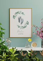Poster Fussabdruck Geburt an blauer Wand