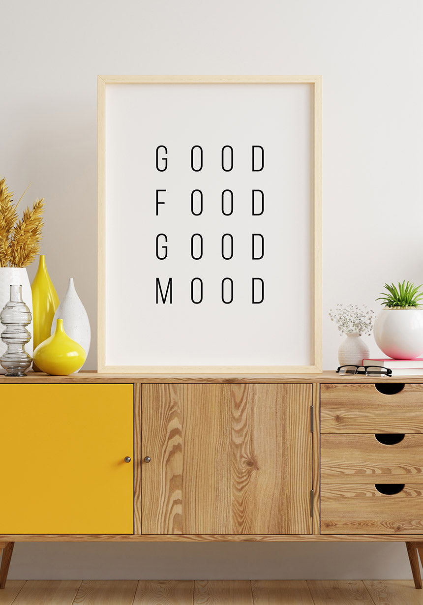 Spruch Poster Good food good mood in wooden frame