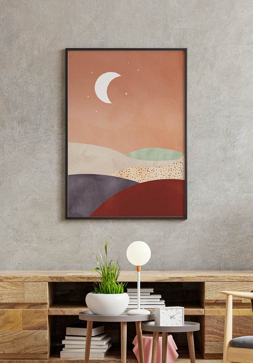 Poster Halbmond über Tal Luna e sole an Betonwand
