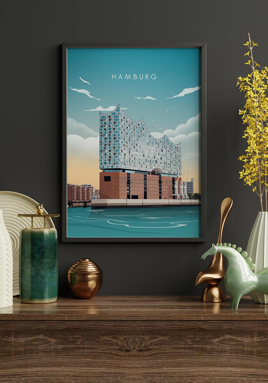 Illustrated Poster Hamburg Elbphilharmonie Elbe