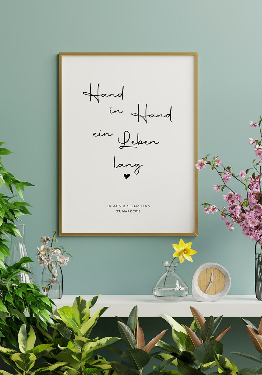 Hand in Hand ein Leben lang Poster goldener Rahmen