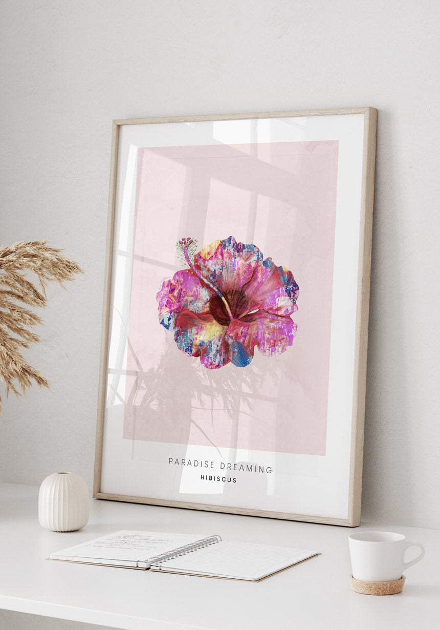 Poster Hibiskus flower tropical in wooden frame