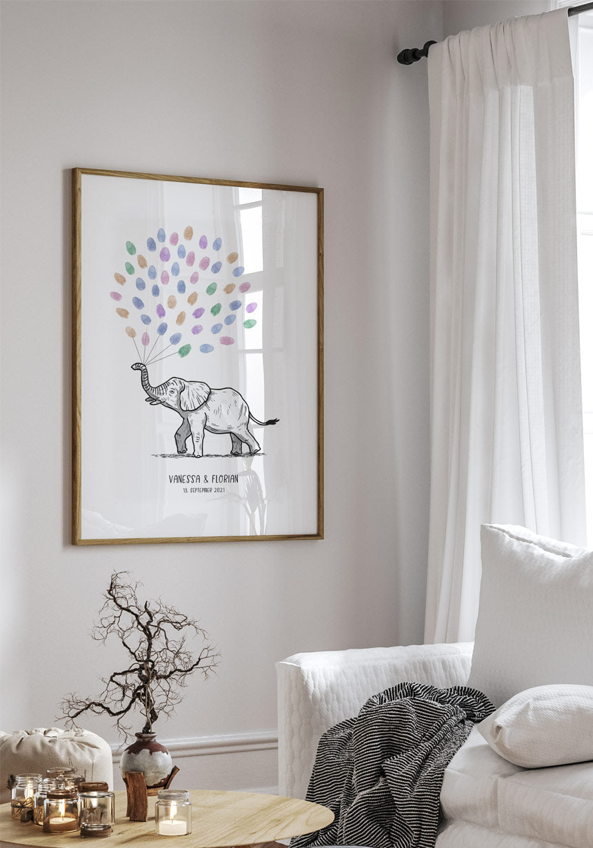 Personalisierbares Fingerabdruck-Poster Elefant zur Hochzeit