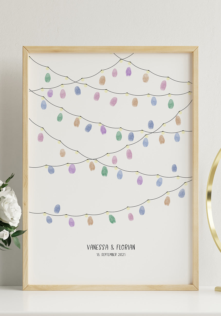 Poster Hochzeit Fingerabdrucke Girlande Gästebuch Holzrahmen