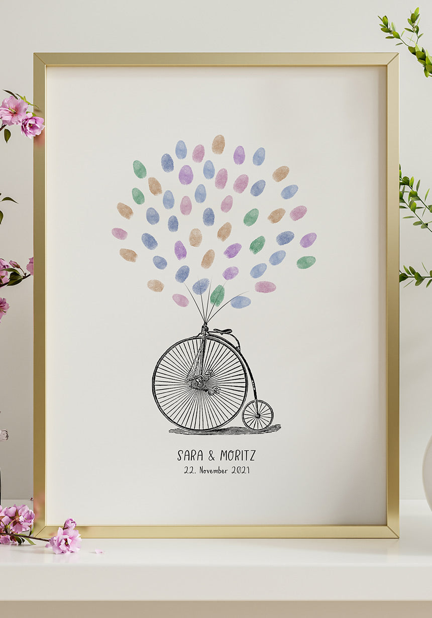 Personalisierbares Fingerabdruck-Poster Hochrad zur Hochzeit