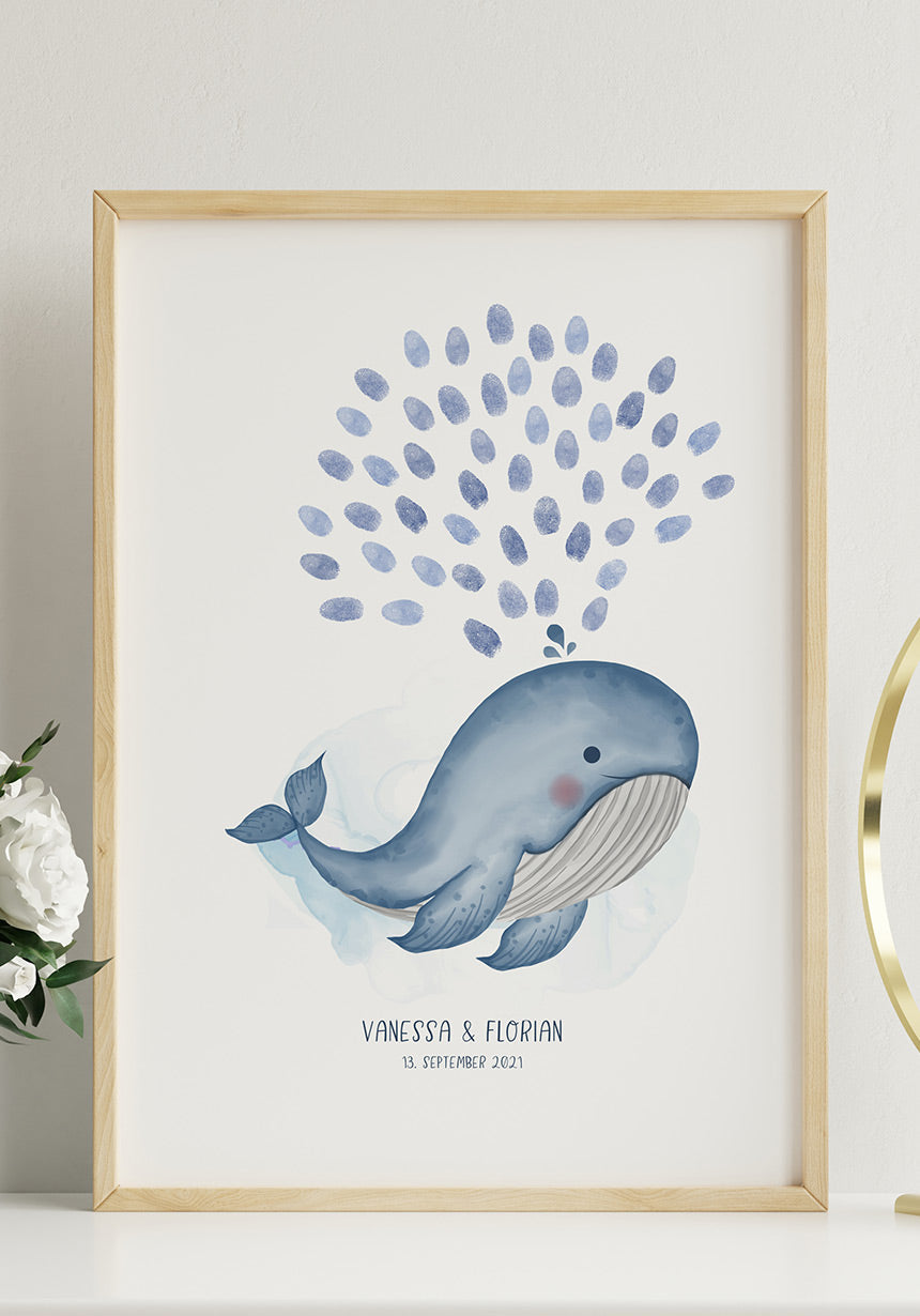 Personalisierbares Fingerabdruck-Poster mit Wal für Paare zur Hochzeit auf Tisch