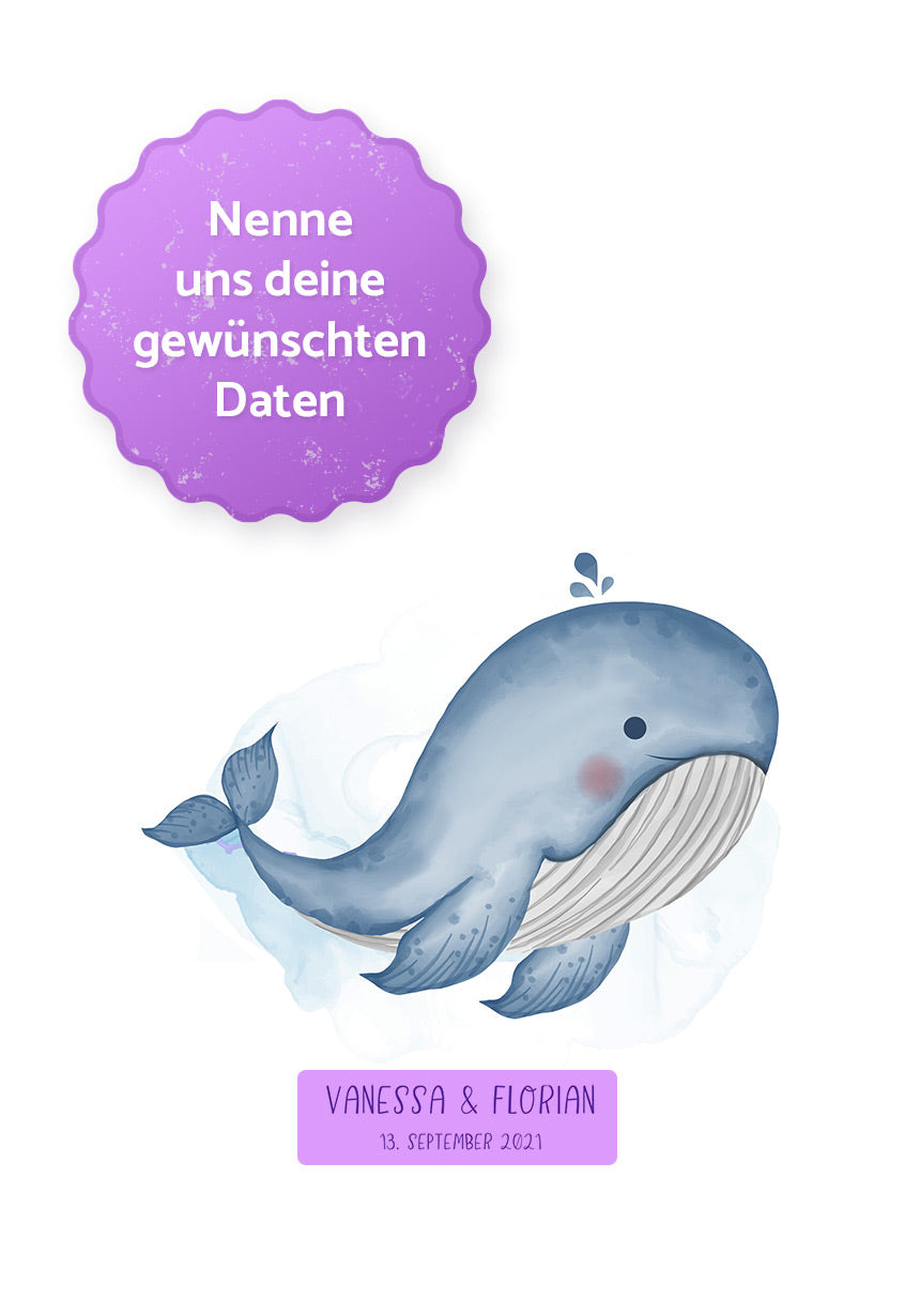 Personalisierbares Fingerabdruck-Poster mit Wal für Paare zur Hochzeit mit Daten