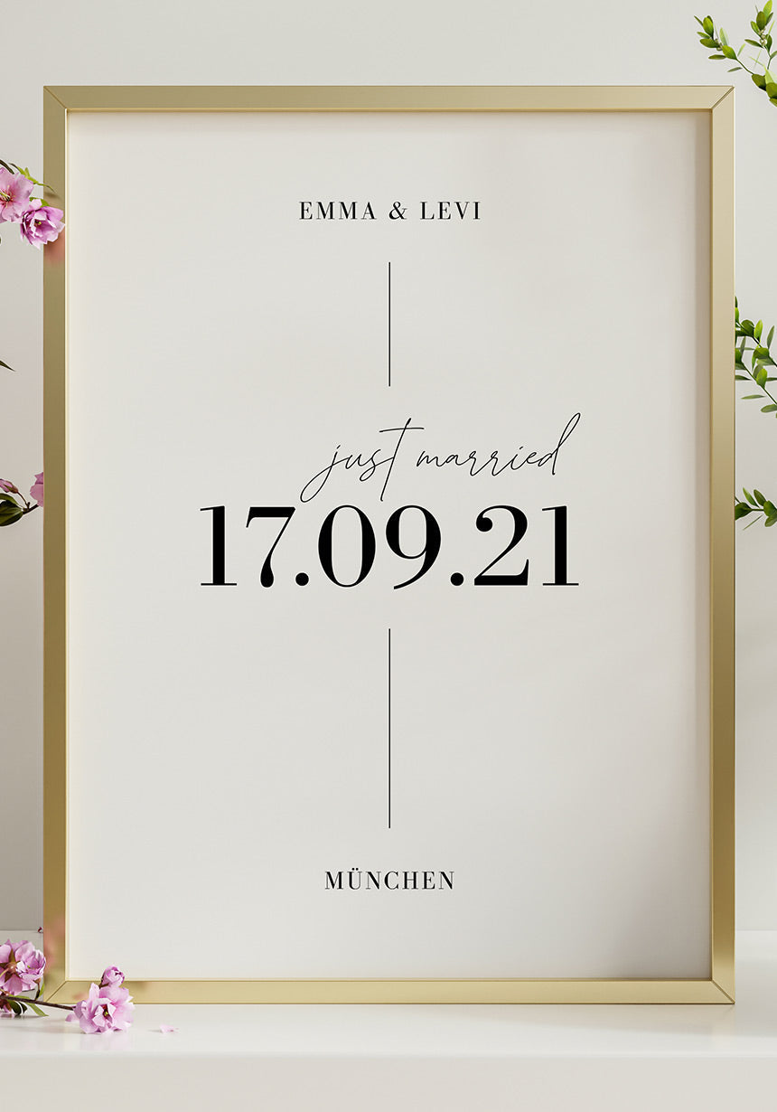 Just Married Poster zur Hochzeit Goldener Rahmen
