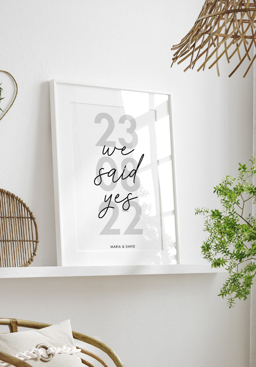 Hochzeitsposter 'we said yes' mit Datum und Namen für Paare