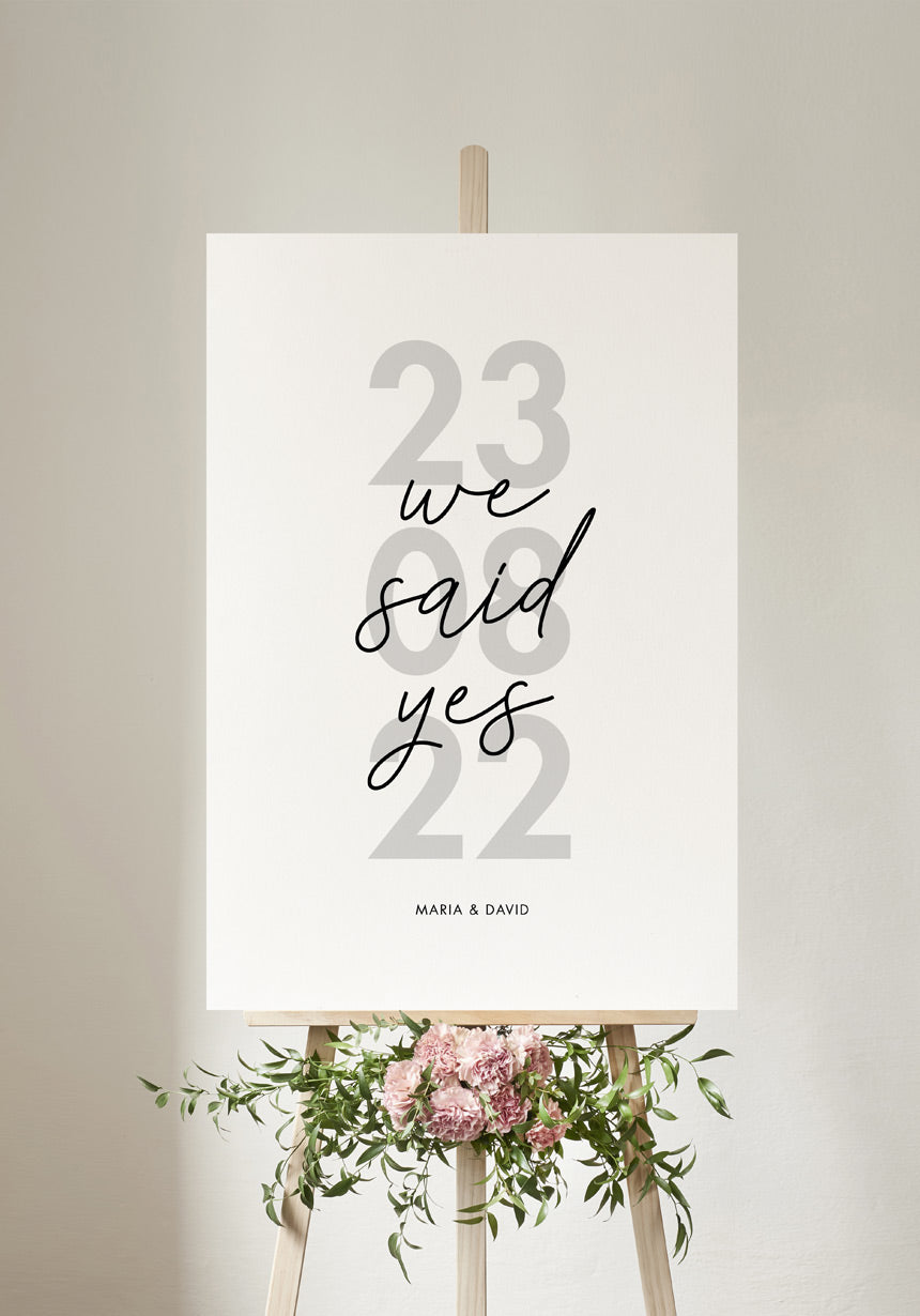 Hochzeitsposter 'we said yes' mit Datum und Namen zur Hochzeit