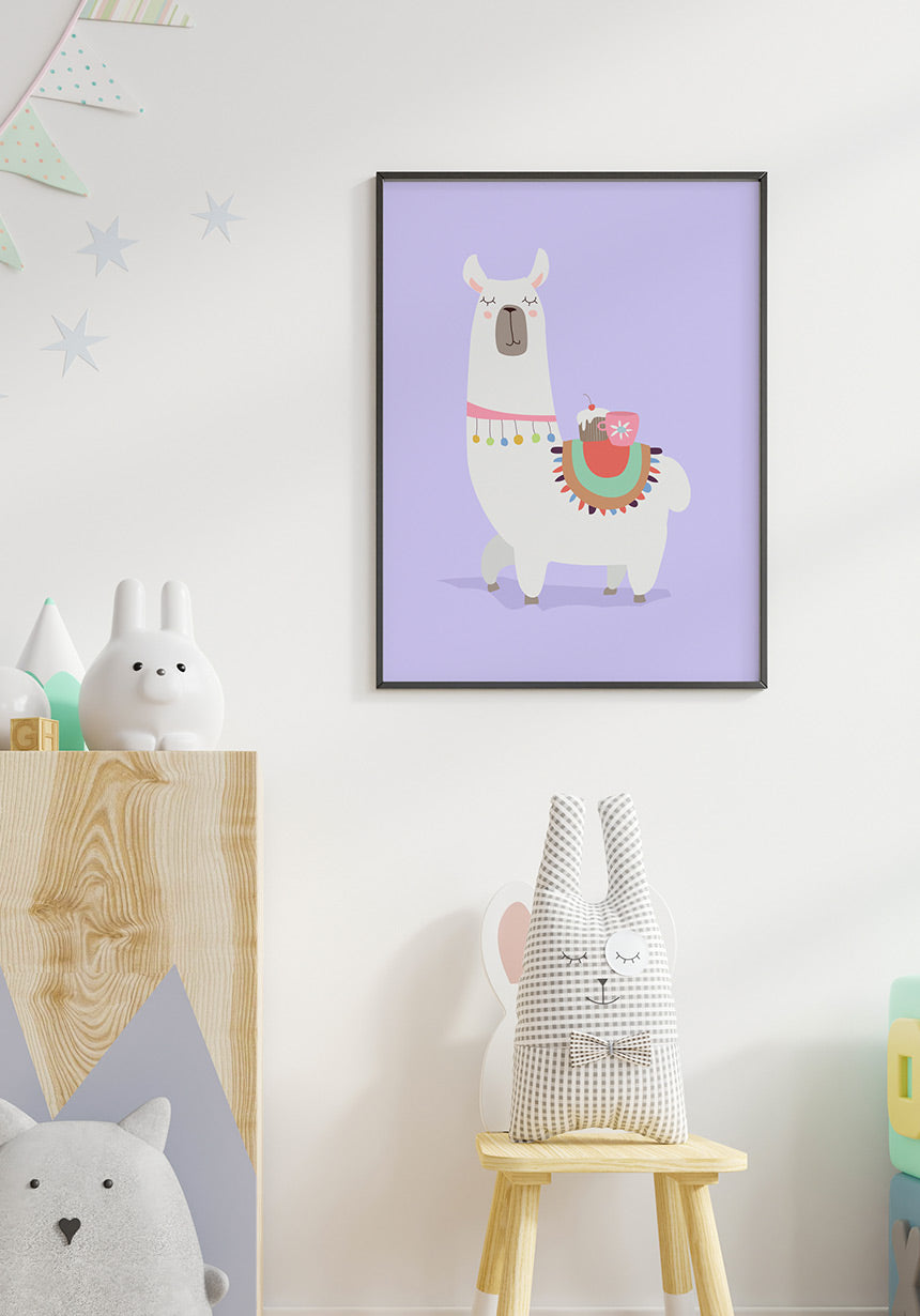 Poster Illustration Alpaka with Törtchen in black frame