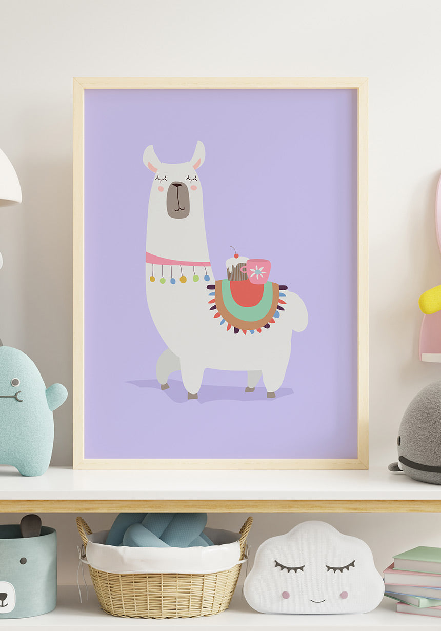 Poster Illustration Alpaka with Törtchen in the shelf