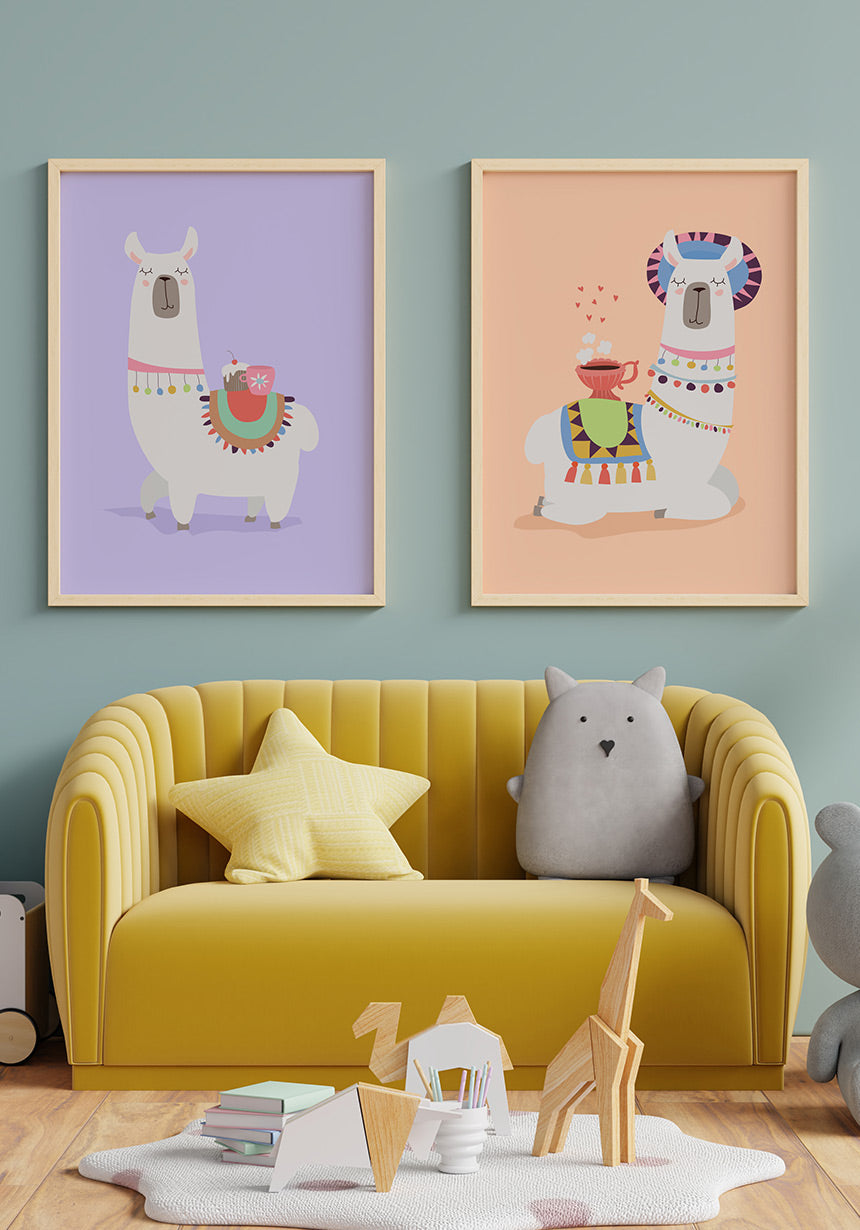 Poster Illustration Alpaca with a little cake in combination with coffee alpaka