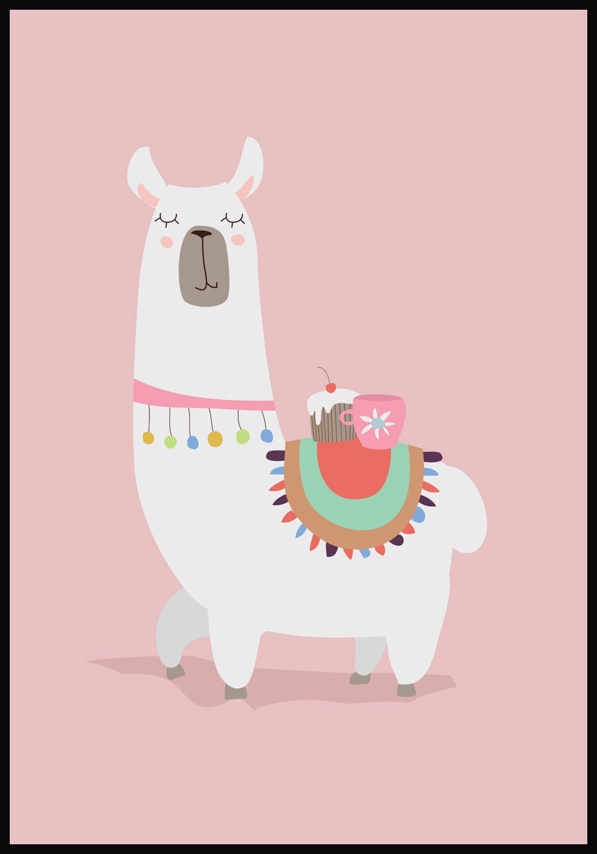 Poster Illustration Alpaca with Törtchen pink background