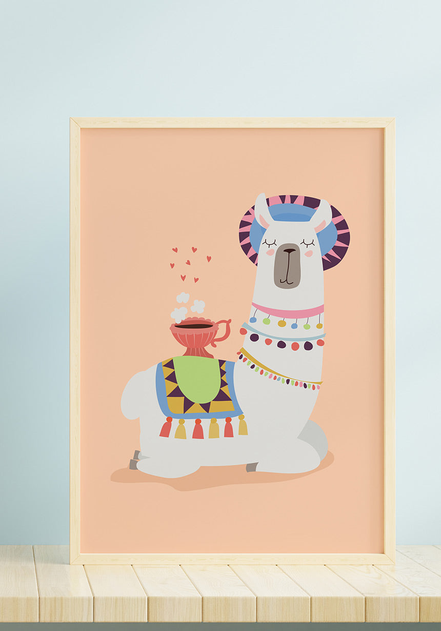 Poster Illustration Alpaka with coffee in wooden frame