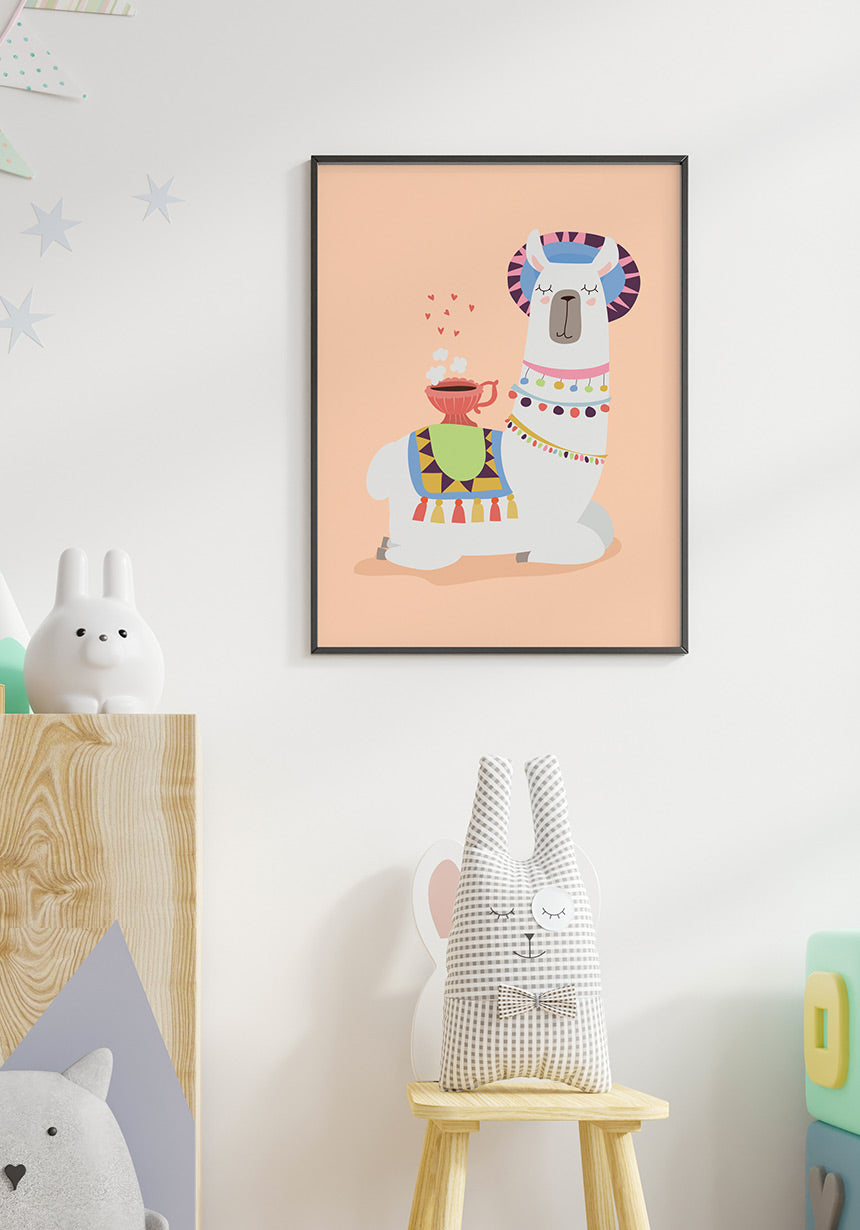 Poster Illustration Alpaka with coffee in the children's room