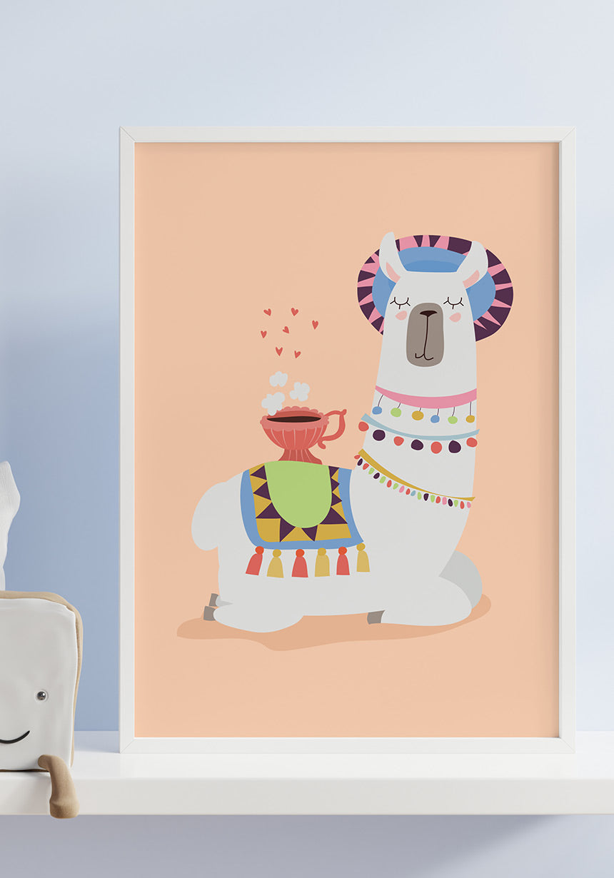 Poster Illustration Alpaka with coffee on shelf
