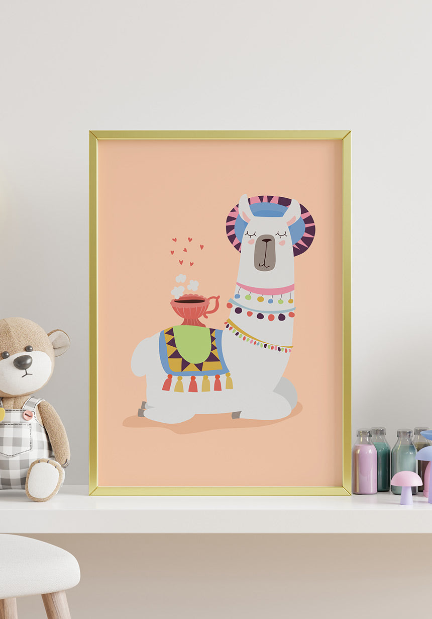 Poster Illustration Alpaca with coffee in golden frame