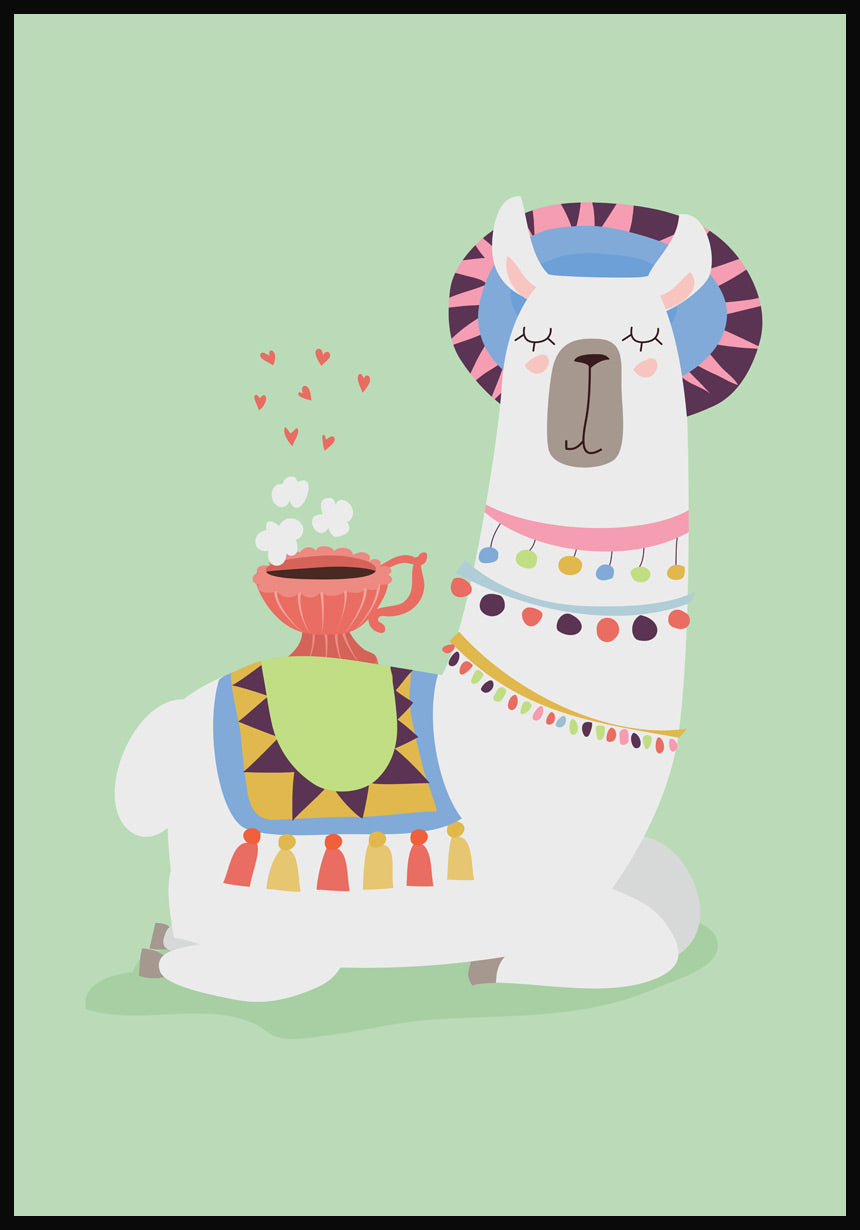 Poster Illustration Alpaca with coffee green background