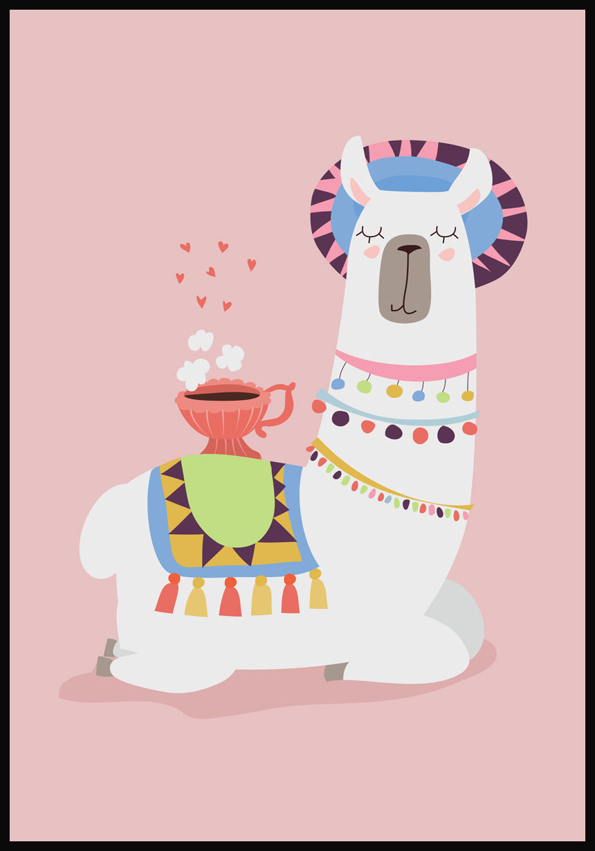 Poster Illustration Alpaca with coffee pink background