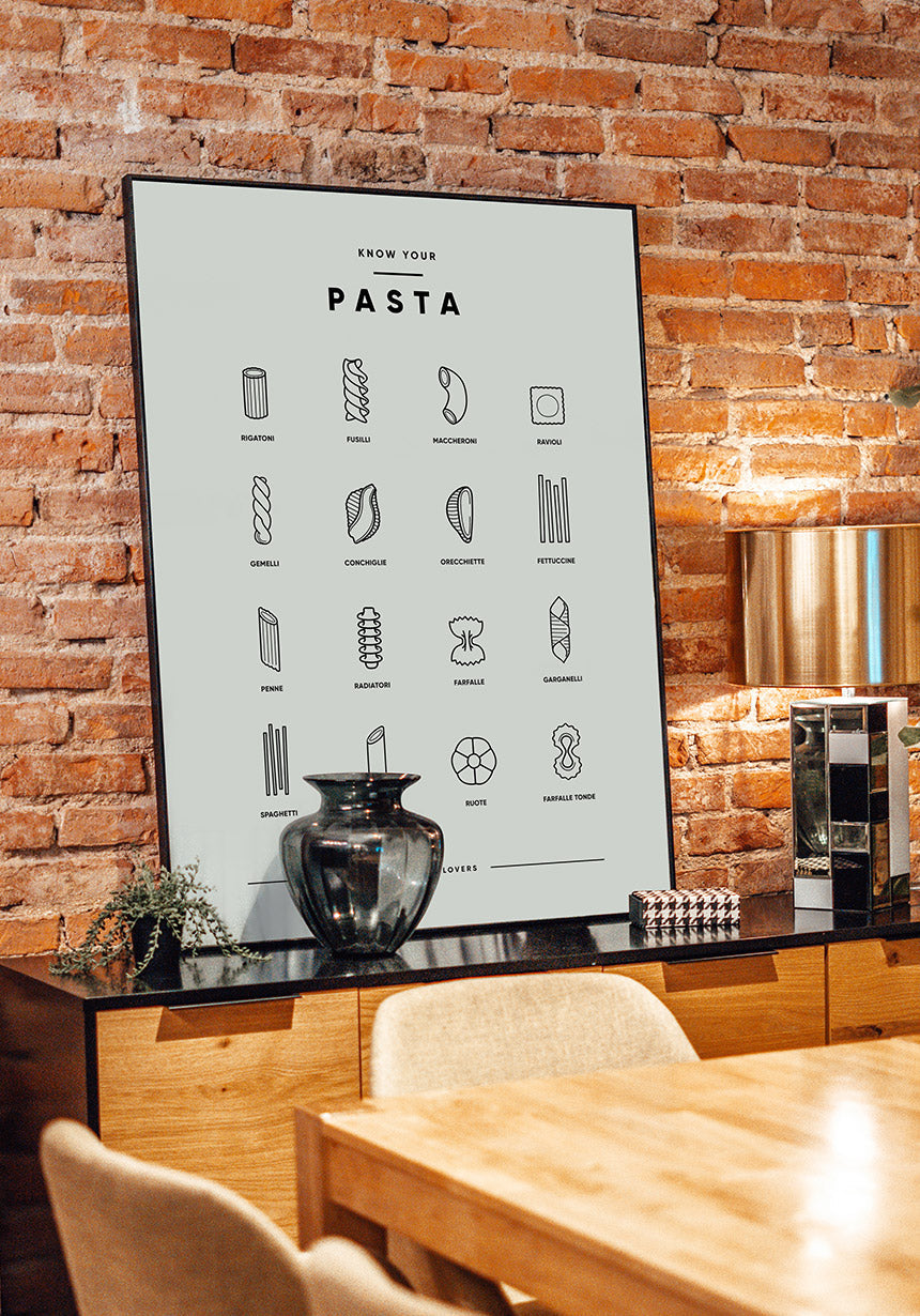 Poster Illustration Pasta varieties in the dining room