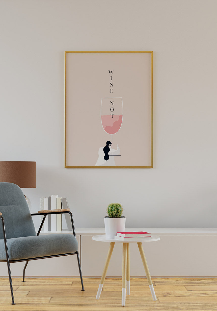 Poster Illustration Woman with Wine Glass Wine Not in Golden Frame