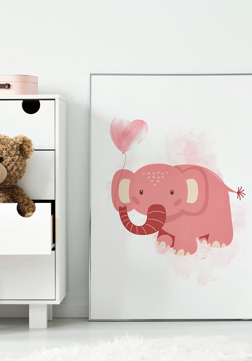Pink Elephants Poster Illustration with balloon in the children's room