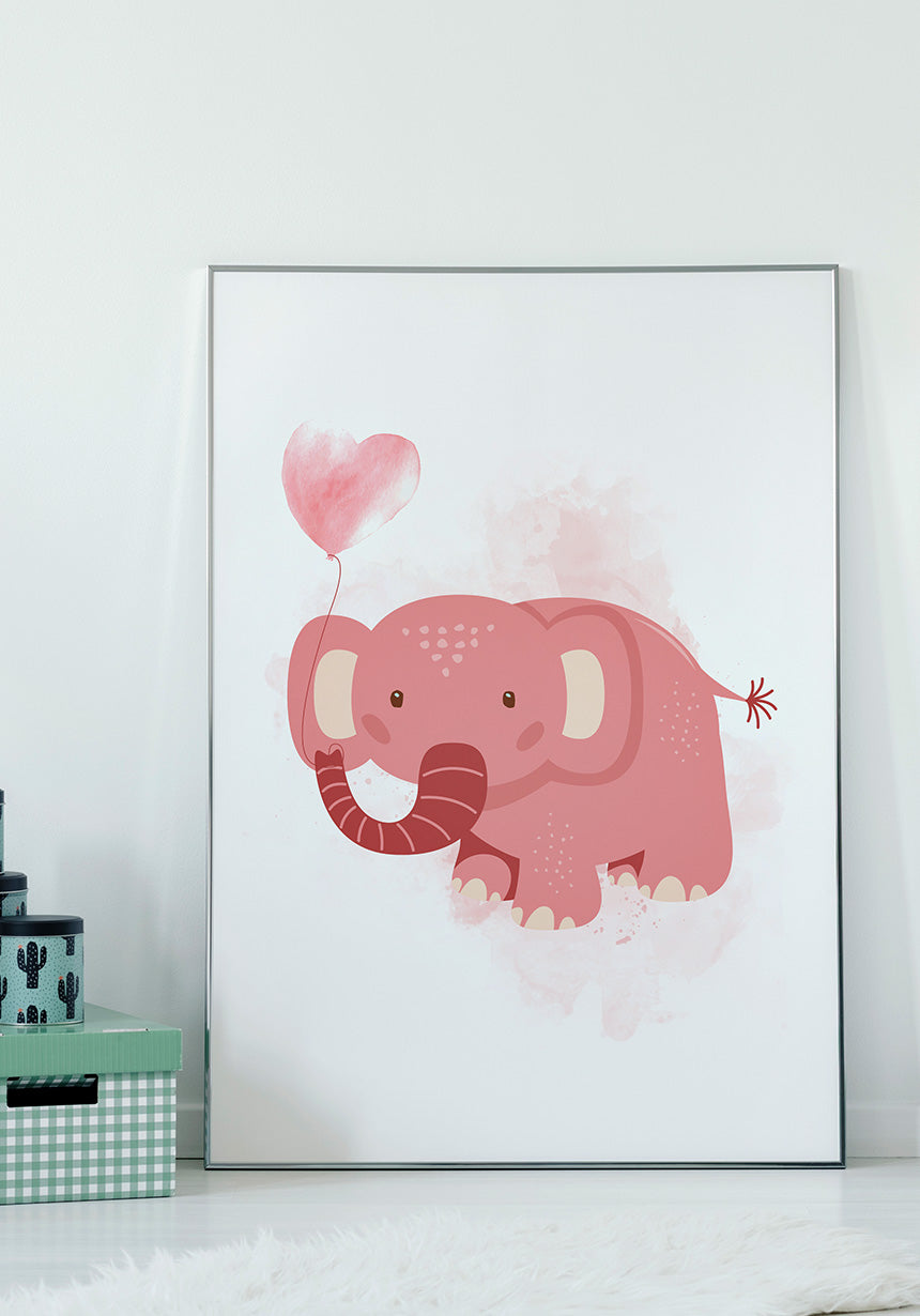 Pink Elephants Poster Illustration with balloon in front of white wall