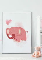 Pink Elephants Poster Illustration with balloon in frame
