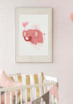 Pink Elephants Poster Illustration with balloon over cot