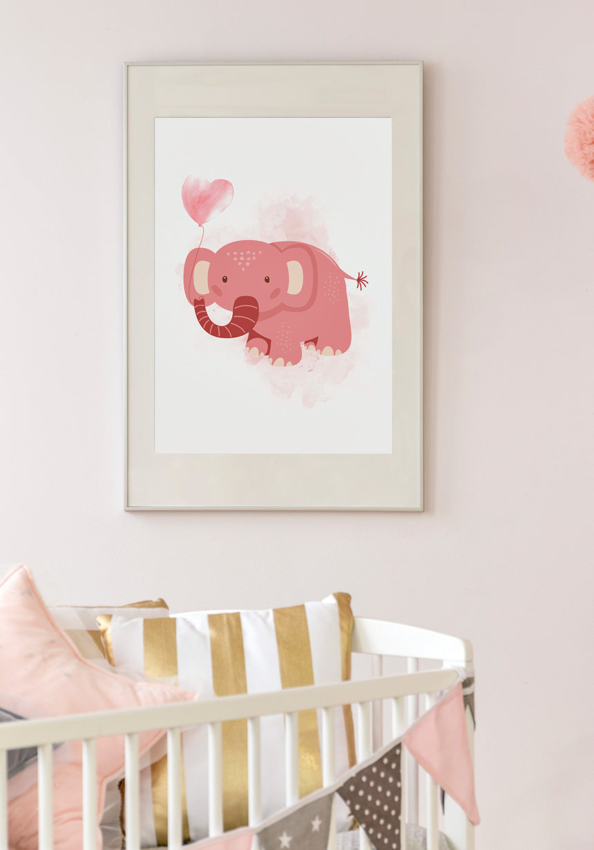 Pink Elephants Poster Illustration with balloon over cot