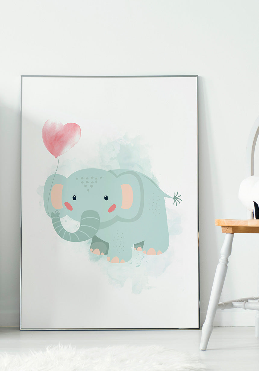 Turquoise Elephants Poster Illustration with balloon in frame