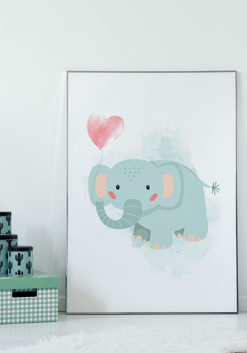 Turquoise Elephants Poster Illustration with balloon on the wall
