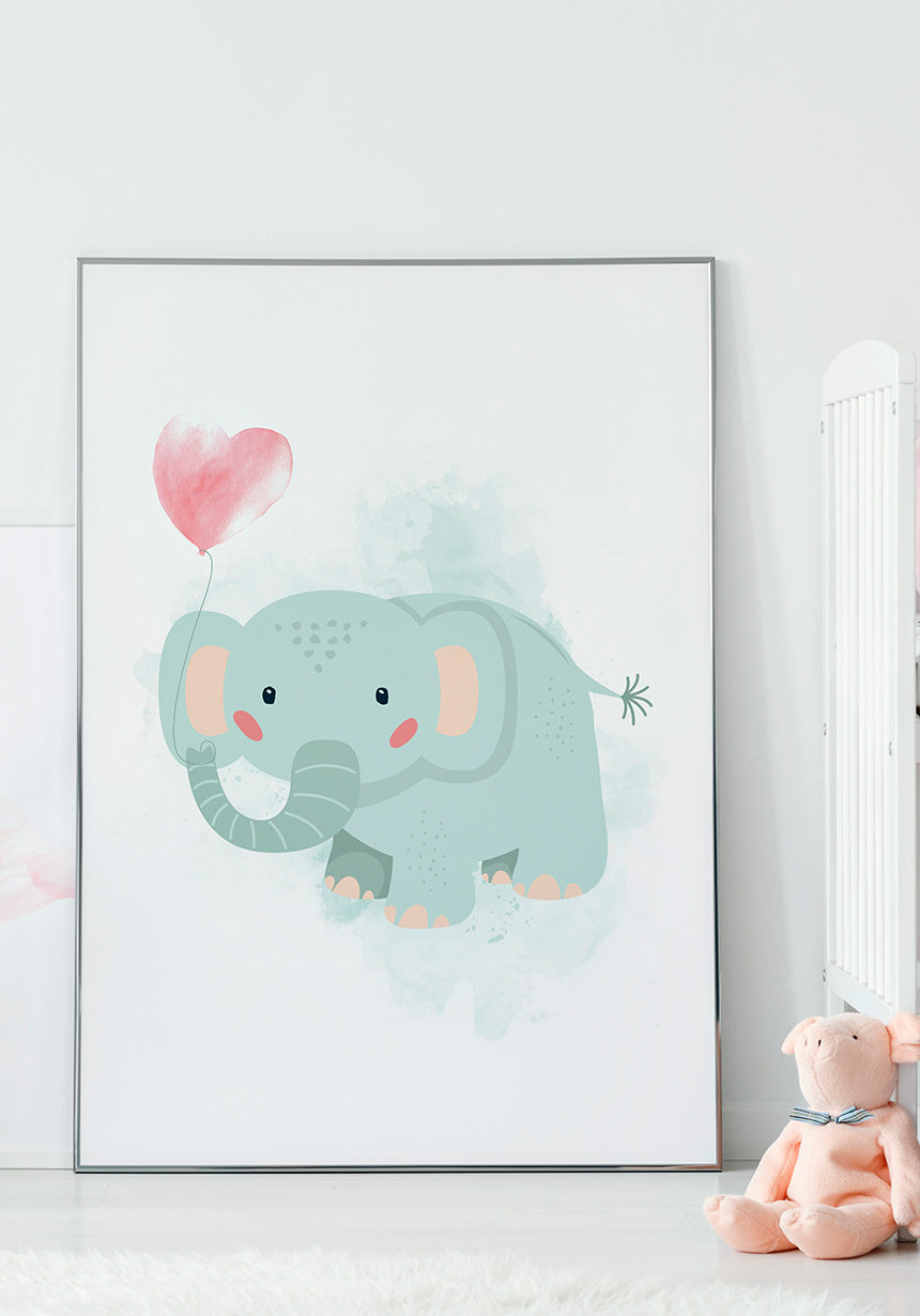 Turquoise Elephants Poster Illustration with balloon leans on the wall