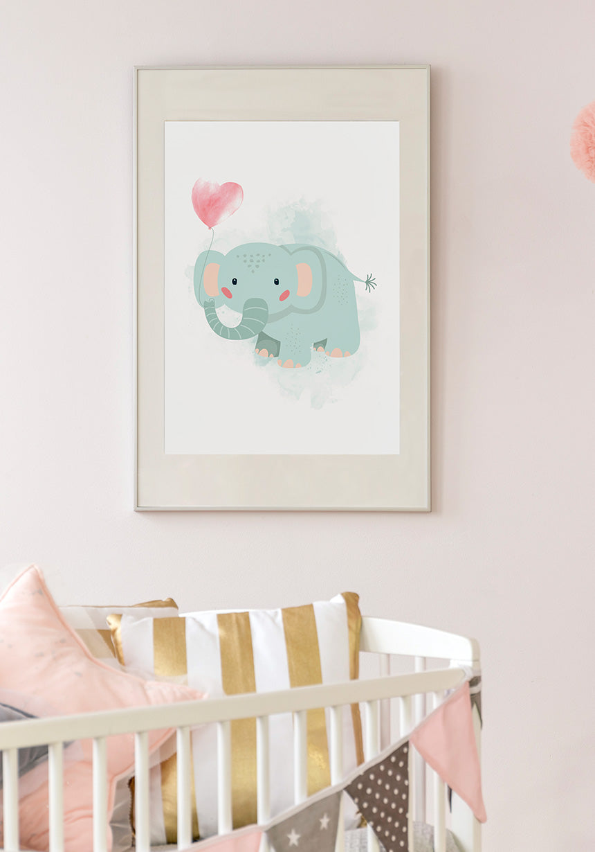 Turquoise Elephants Poster Illustration with balloon in the children's room