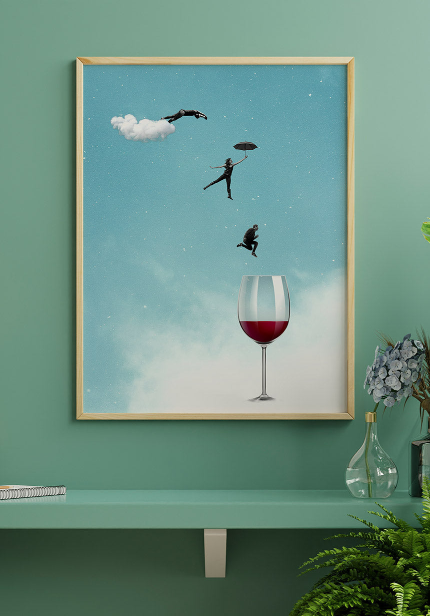 Poster leap from people into a wine glass in the golden frame