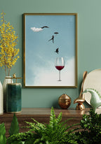 Poster leap from people into a wine glass in the living room