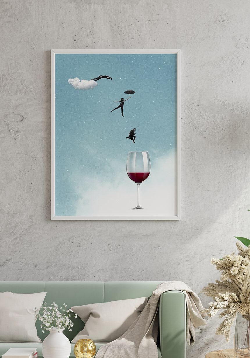 Poster leap from people into a wine glass on gray wall