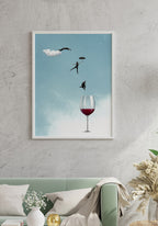Poster leap from people into a wine glass on gray wall