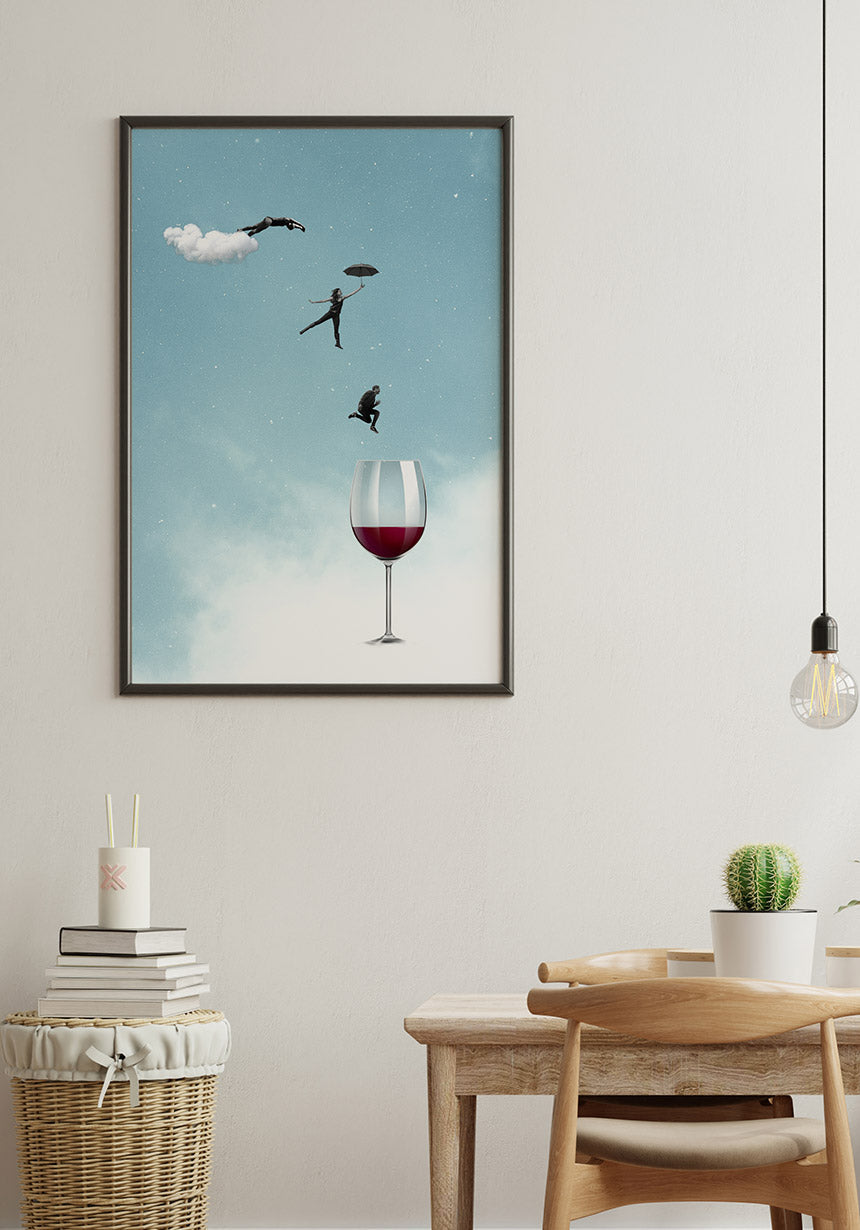 Poster leap from people into a wine glass in the dining room