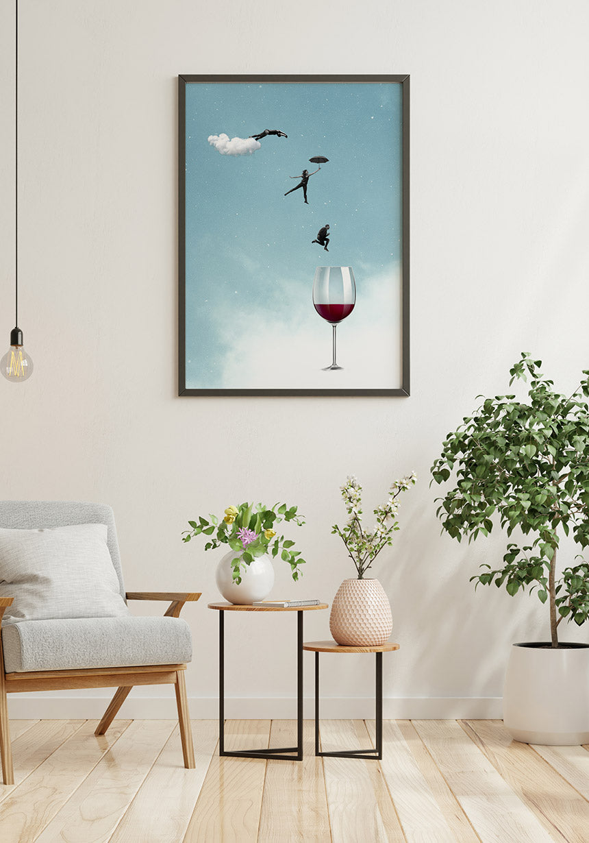 Poster leap from people into a wine glass in the living room on white wall