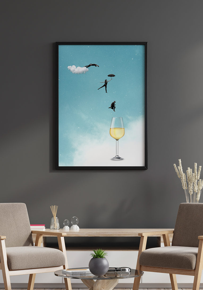 Poster leap into white wine glass in black frame