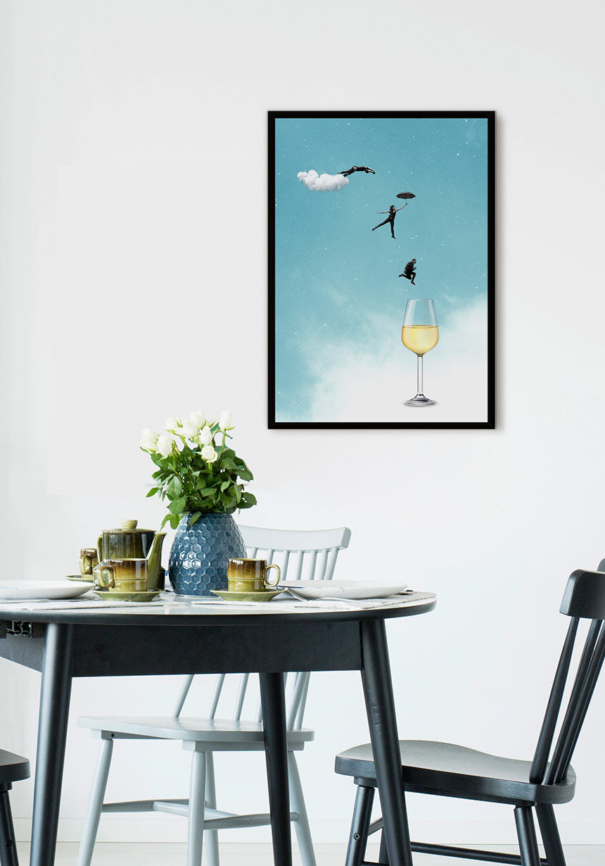 Poster leap into white wine glass in the dining room